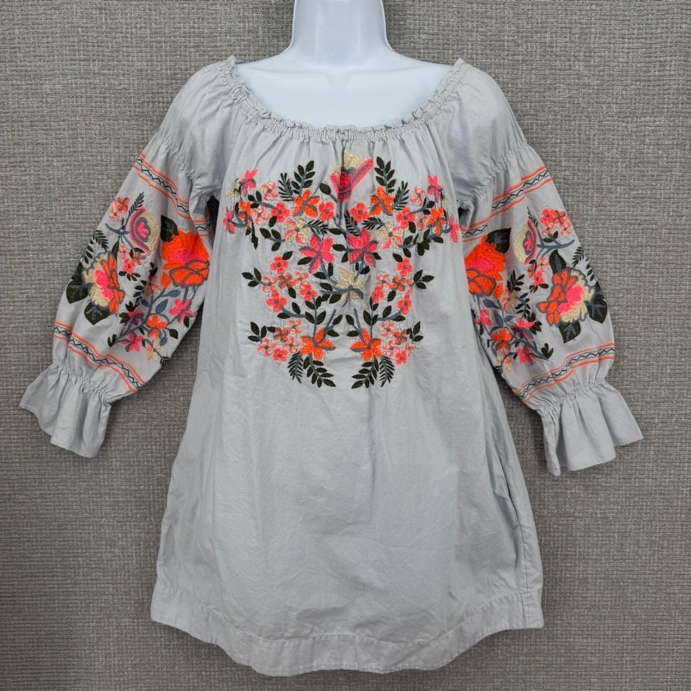 Free People Embroidered Floral Mini Dress Womens XS Light Blue Boho Peasant